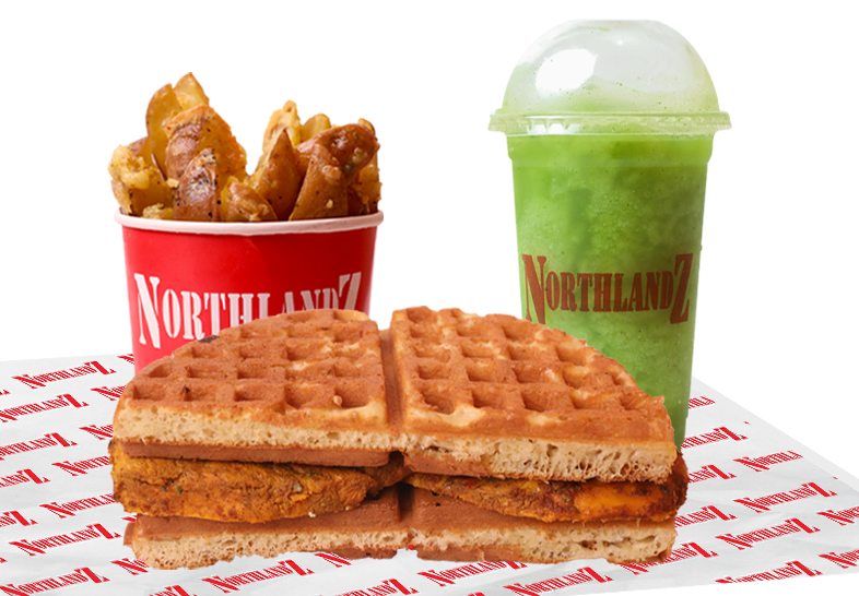 Chicken-Waffle-Sandwich-Deal-served Chicken Waffle Sandwich With 1 Potato Wedge & 1 Drink